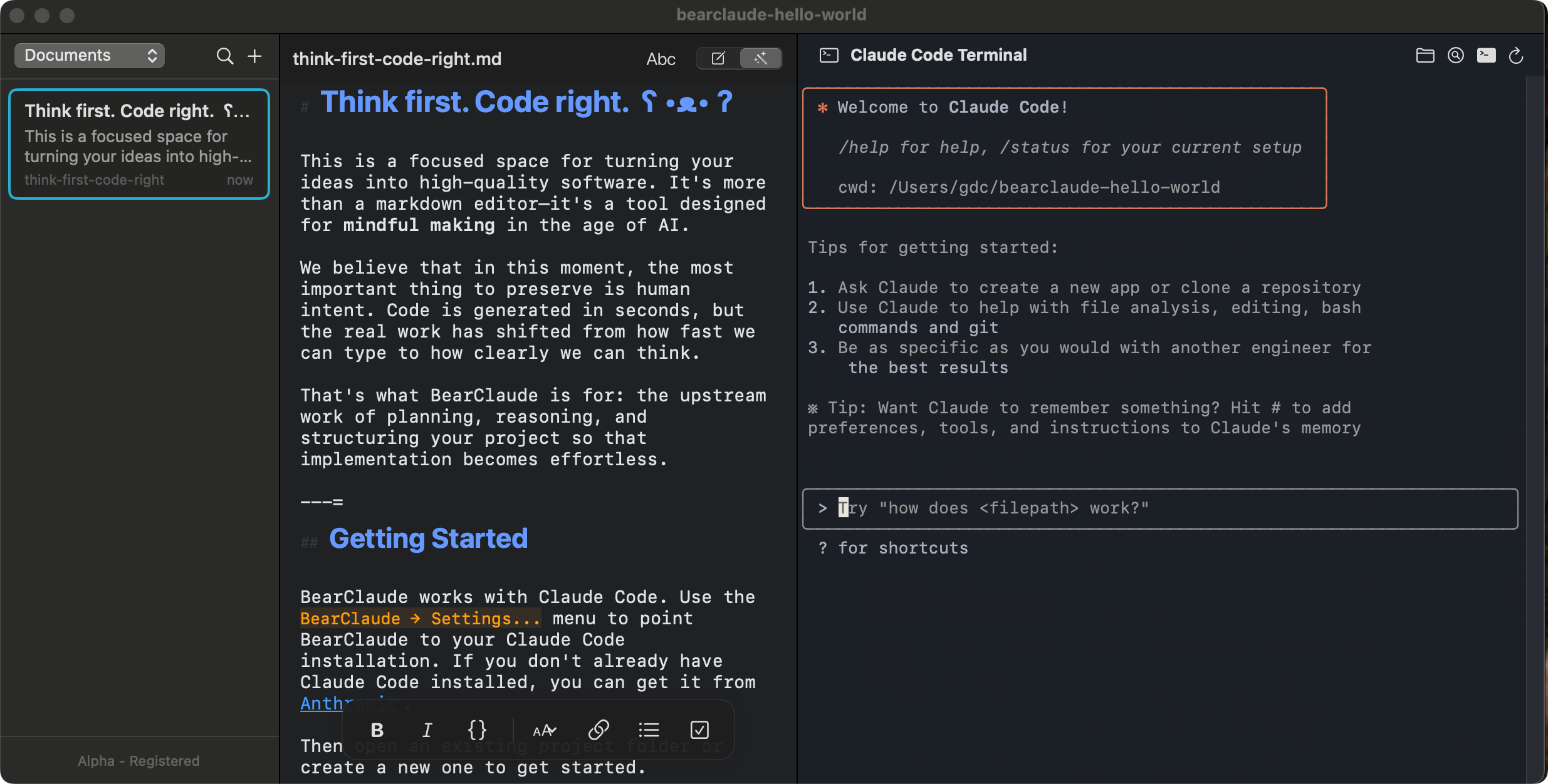 BearClaude editor showing Markdown spec and AI response